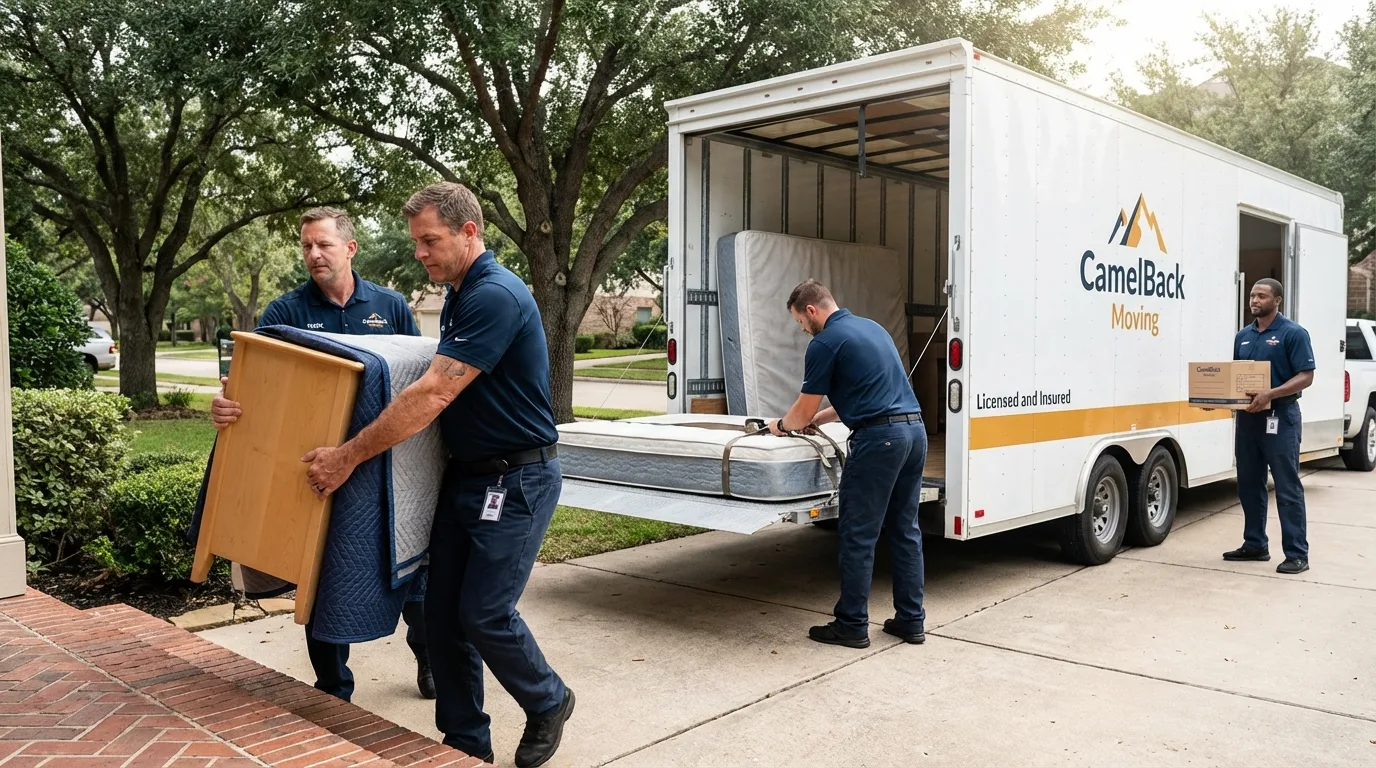 Crew loading residential truck for cross-state move from Sells, AZ