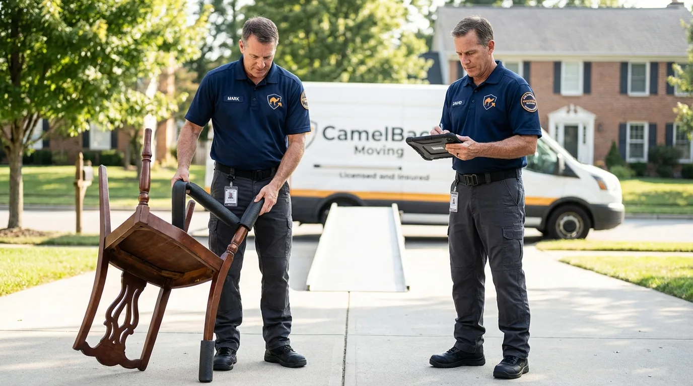 Movers inspecting furniture for damage prevention before loading in Sells, AZ